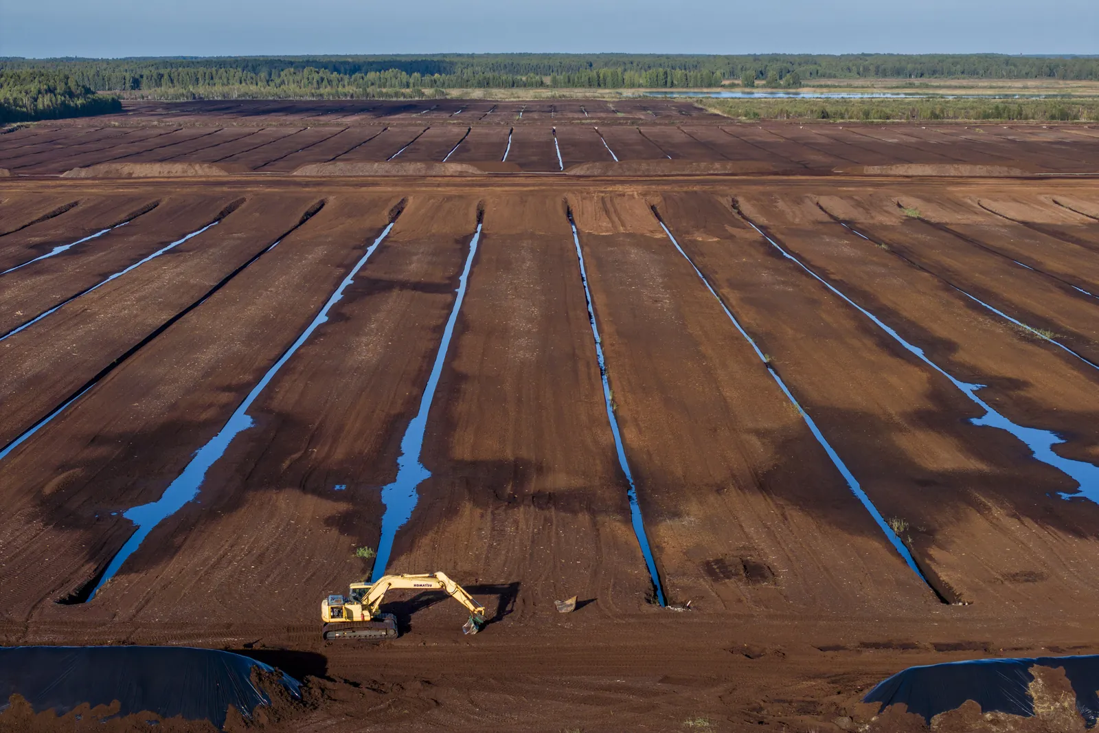 Milled peat fields seen from above
